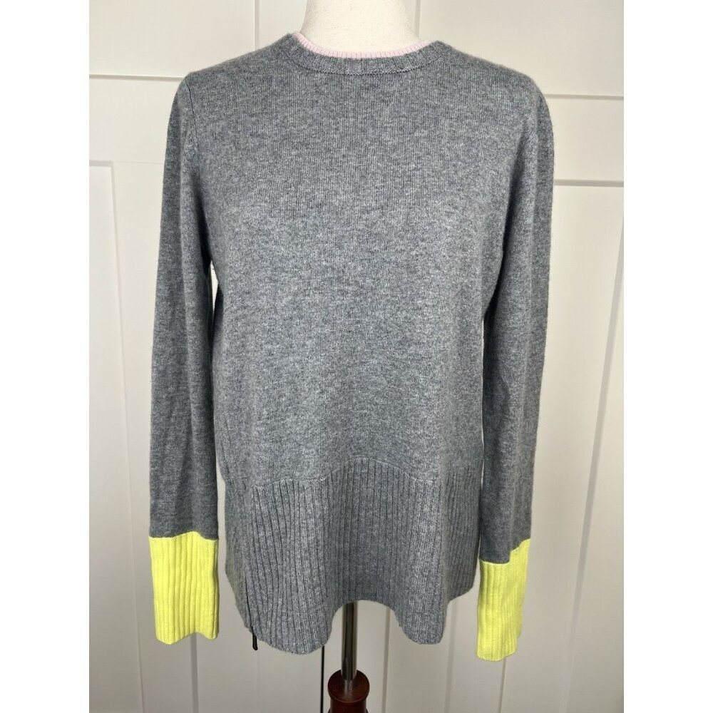 Duffy Cashmere Sweater Gray Asymmetrical Zip Yellow Cuffs Pink At Crewneck Sz M